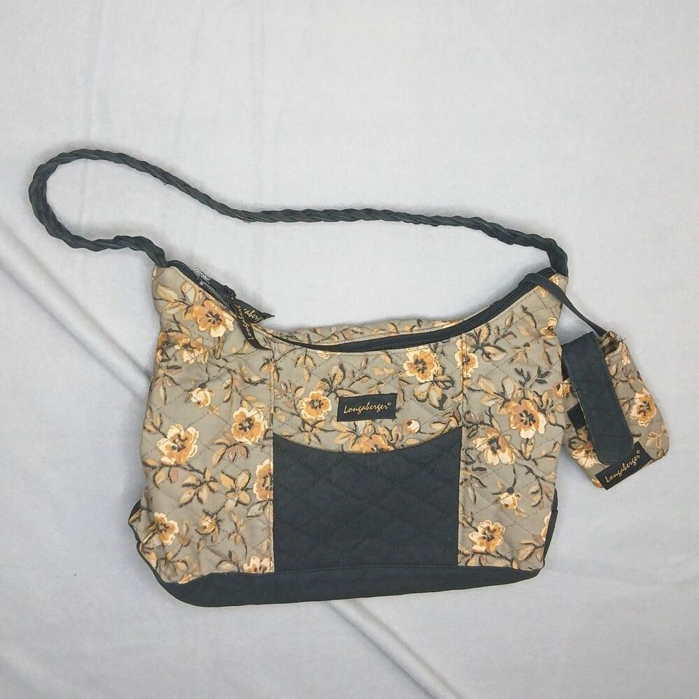 Longaberger Floral Quilted Purse Khaki Flower Shoulder Hobo Tote Bag Beige Tan